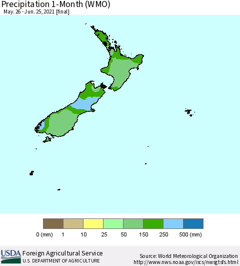 New Zealand Precipitation 1-Month (WMO) Thematic Map For 5/26/2021 - 6/25/2021
