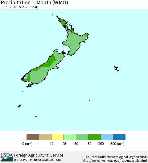 New Zealand Precipitation 1-Month (WMO) Thematic Map For 6/6/2021 - 7/5/2021