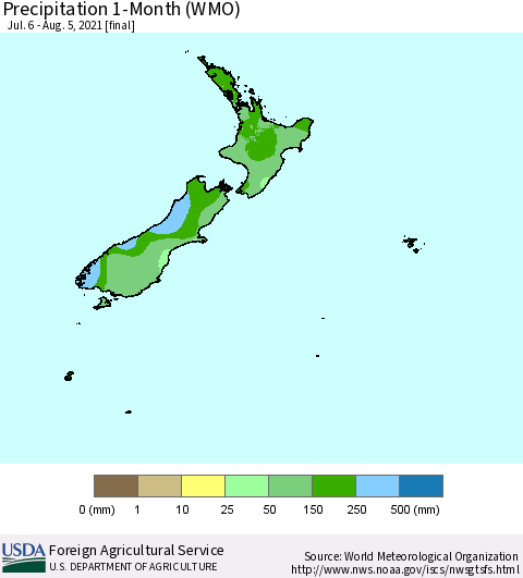 New Zealand Precipitation 1-Month (WMO) Thematic Map For 7/6/2021 - 8/5/2021