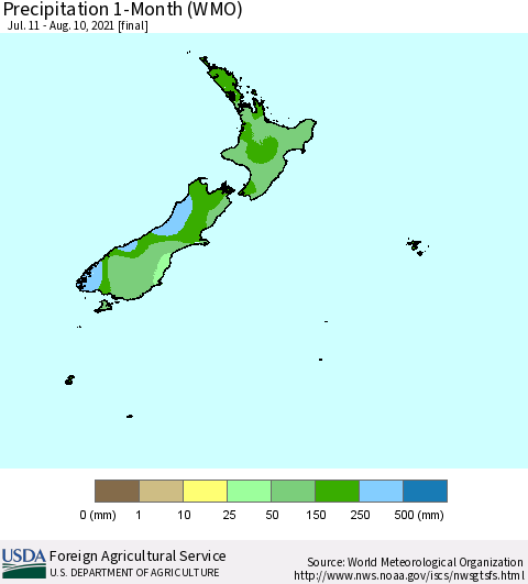 New Zealand Precipitation 1-Month (WMO) Thematic Map For 7/11/2021 - 8/10/2021