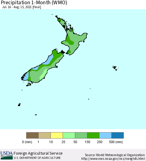 New Zealand Precipitation 1-Month (WMO) Thematic Map For 7/16/2021 - 8/15/2021