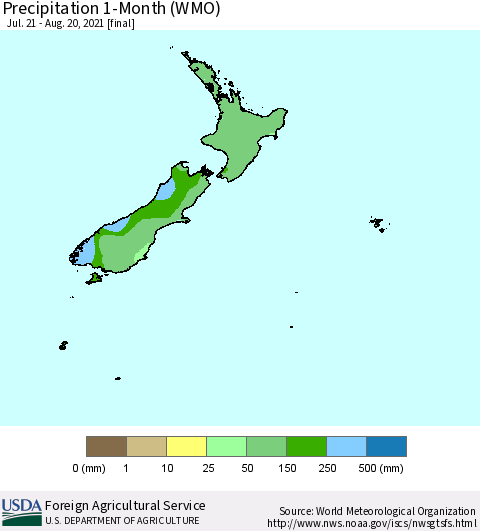 New Zealand Precipitation 1-Month (WMO) Thematic Map For 7/21/2021 - 8/20/2021