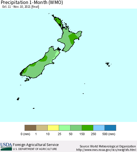 New Zealand Precipitation 1-Month (WMO) Thematic Map For 10/11/2021 - 11/10/2021