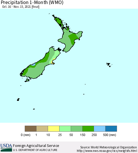 New Zealand Precipitation 1-Month (WMO) Thematic Map For 10/16/2021 - 11/15/2021
