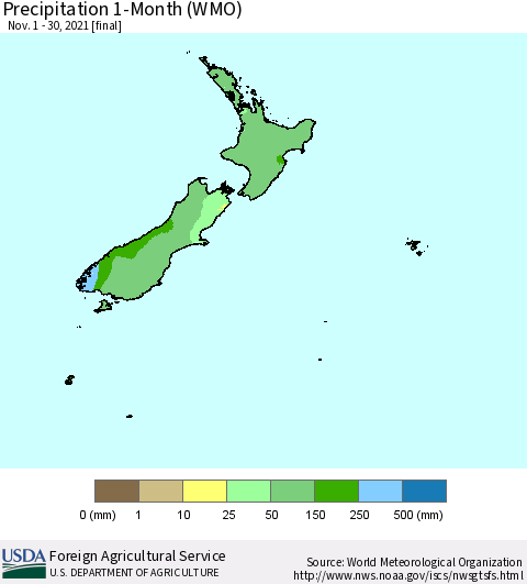 New Zealand Precipitation 1-Month (WMO) Thematic Map For 11/1/2021 - 11/30/2021