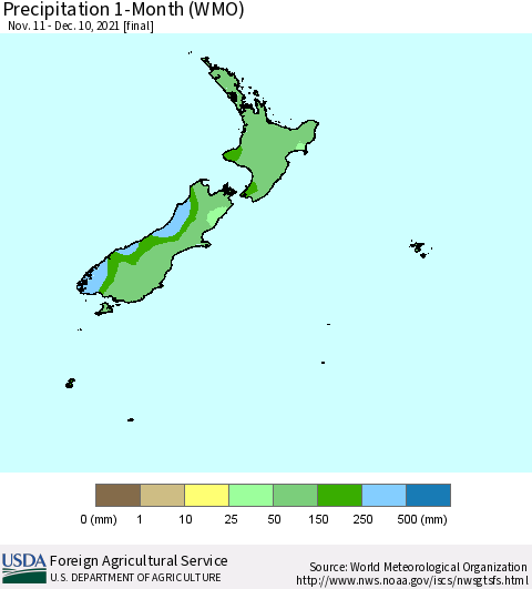 New Zealand Precipitation 1-Month (WMO) Thematic Map For 11/11/2021 - 12/10/2021
