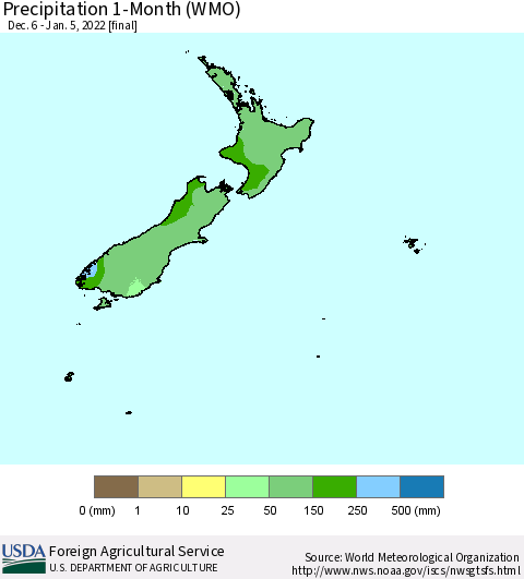 New Zealand Precipitation 1-Month (WMO) Thematic Map For 12/6/2021 - 1/5/2022