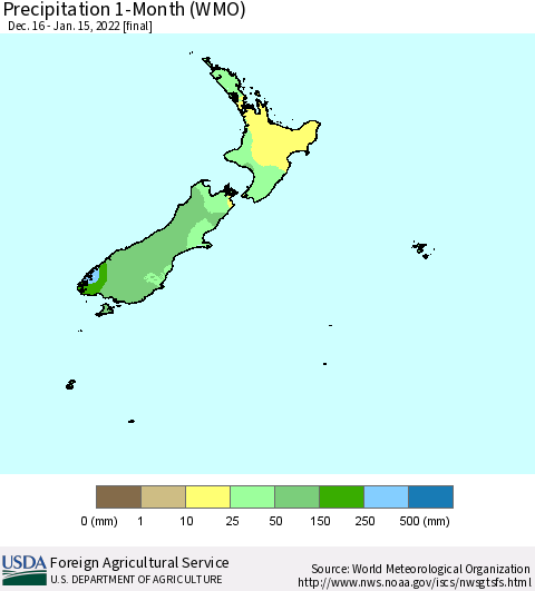 New Zealand Precipitation 1-Month (WMO) Thematic Map For 12/16/2021 - 1/15/2022