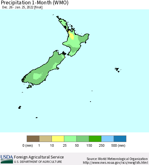 New Zealand Precipitation 1-Month (WMO) Thematic Map For 12/26/2021 - 1/25/2022