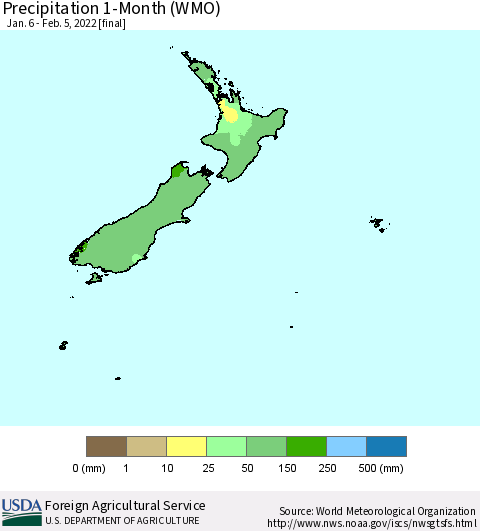 New Zealand Precipitation 1-Month (WMO) Thematic Map For 1/6/2022 - 2/5/2022