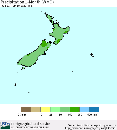 New Zealand Precipitation 1-Month (WMO) Thematic Map For 1/11/2022 - 2/10/2022