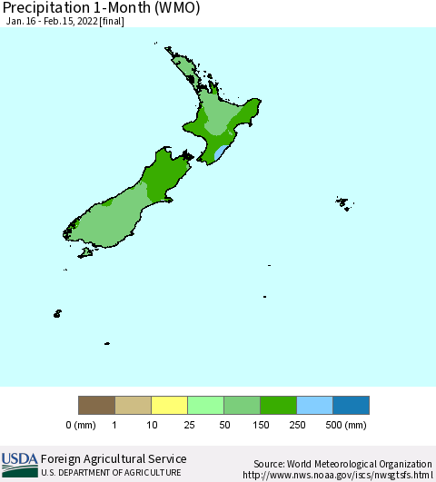 New Zealand Precipitation 1-Month (WMO) Thematic Map For 1/16/2022 - 2/15/2022
