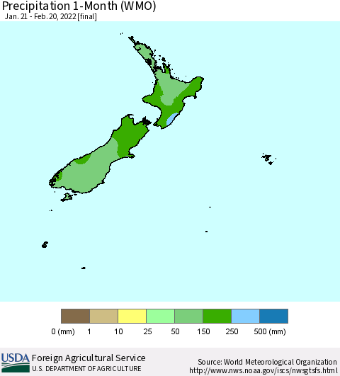 New Zealand Precipitation 1-Month (WMO) Thematic Map For 1/21/2022 - 2/20/2022