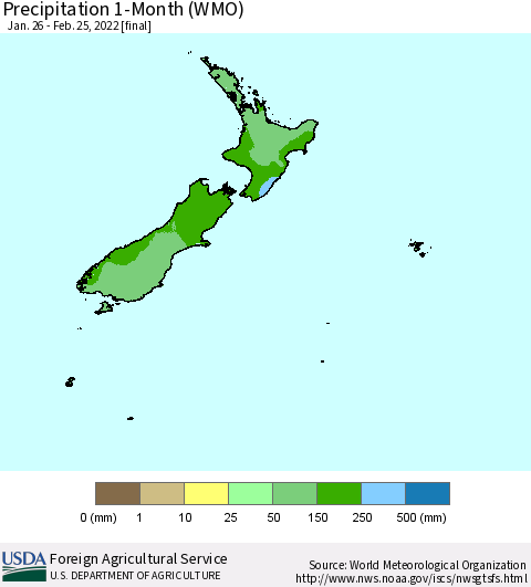New Zealand Precipitation 1-Month (WMO) Thematic Map For 1/26/2022 - 2/25/2022