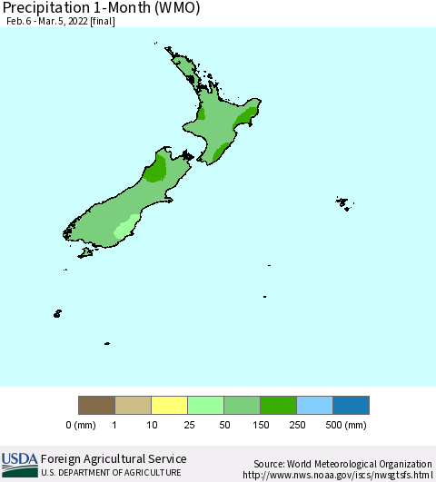 New Zealand Precipitation 1-Month (WMO) Thematic Map For 2/6/2022 - 3/5/2022