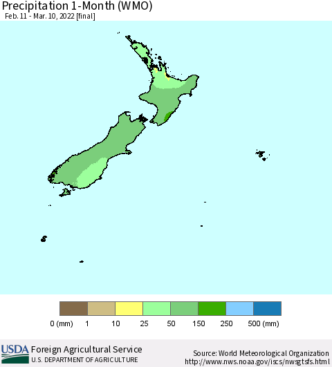 New Zealand Precipitation 1-Month (WMO) Thematic Map For 2/11/2022 - 3/10/2022