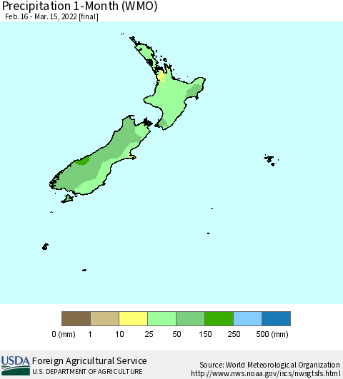 New Zealand Precipitation 1-Month (WMO) Thematic Map For 2/16/2022 - 3/15/2022