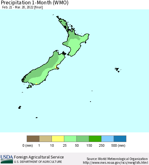 New Zealand Precipitation 1-Month (WMO) Thematic Map For 2/21/2022 - 3/20/2022
