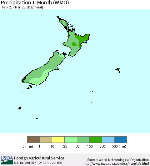 New Zealand Precipitation 1-Month (WMO) Thematic Map For 2/26/2022 - 3/25/2022