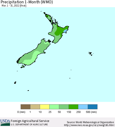 New Zealand Precipitation 1-Month (WMO) Thematic Map For 3/1/2022 - 3/31/2022