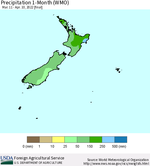 New Zealand Precipitation 1-Month (WMO) Thematic Map For 3/11/2022 - 4/10/2022