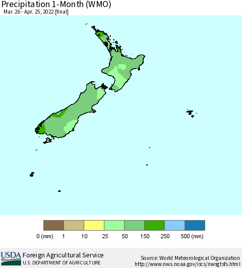 New Zealand Precipitation 1-Month (WMO) Thematic Map For 3/26/2022 - 4/25/2022