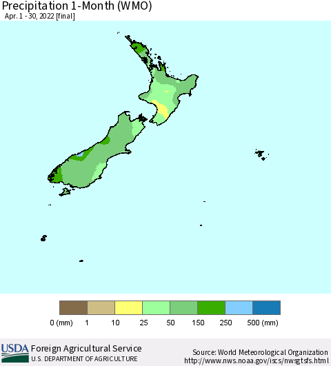 New Zealand Precipitation 1-Month (WMO) Thematic Map For 4/1/2022 - 4/30/2022