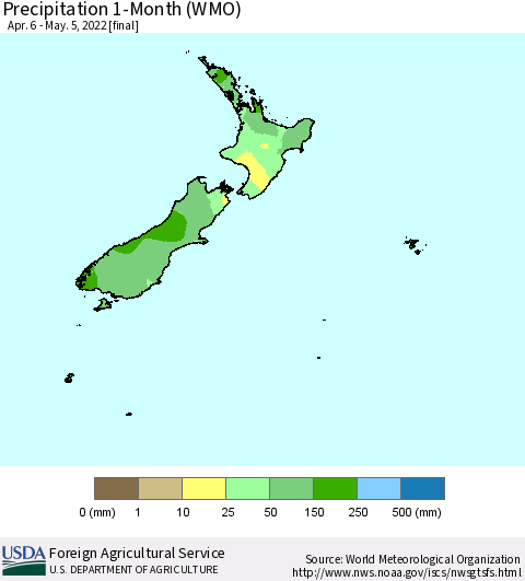 New Zealand Precipitation 1-Month (WMO) Thematic Map For 4/6/2022 - 5/5/2022