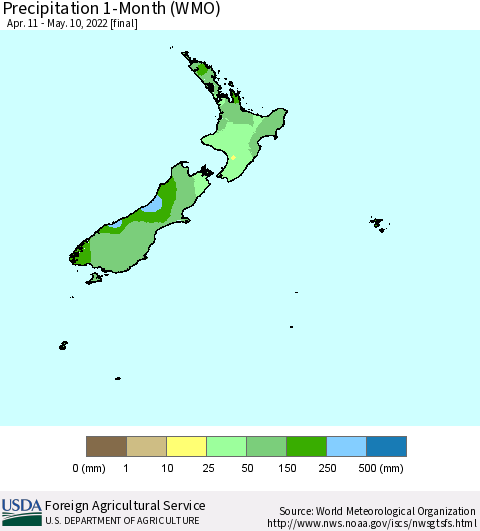 New Zealand Precipitation 1-Month (WMO) Thematic Map For 4/11/2022 - 5/10/2022