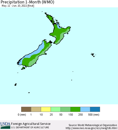 New Zealand Precipitation 1-Month (WMO) Thematic Map For 5/11/2022 - 6/10/2022
