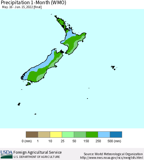 New Zealand Precipitation 1-Month (WMO) Thematic Map For 5/16/2022 - 6/15/2022