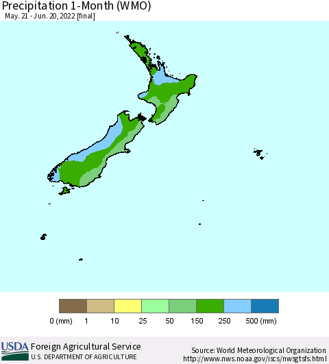 New Zealand Precipitation 1-Month (WMO) Thematic Map For 5/21/2022 - 6/20/2022