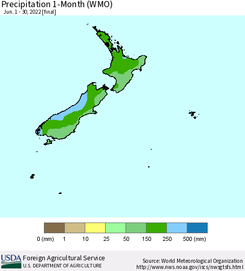 New Zealand Precipitation 1-Month (WMO) Thematic Map For 6/1/2022 - 6/30/2022