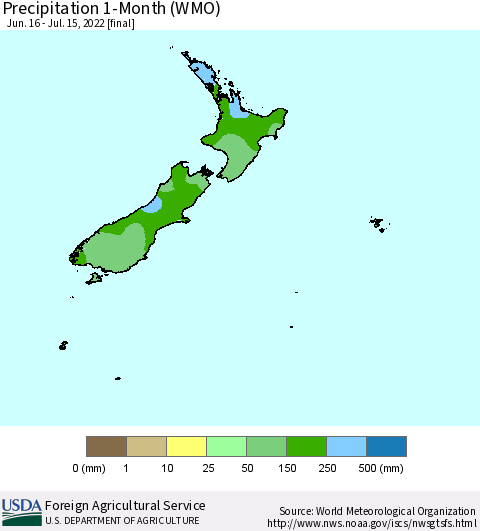 New Zealand Precipitation 1-Month (WMO) Thematic Map For 6/16/2022 - 7/15/2022