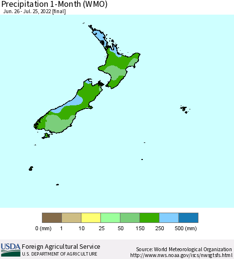 New Zealand Precipitation 1-Month (WMO) Thematic Map For 6/26/2022 - 7/25/2022