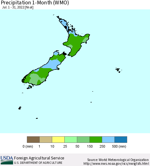 New Zealand Precipitation 1-Month (WMO) Thematic Map For 7/1/2022 - 7/31/2022