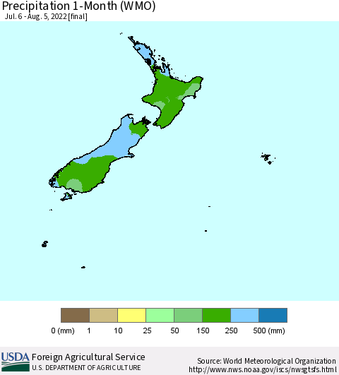 New Zealand Precipitation 1-Month (WMO) Thematic Map For 7/6/2022 - 8/5/2022