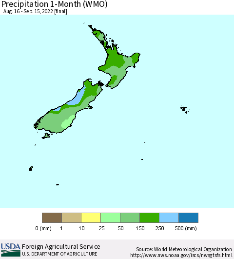 New Zealand Precipitation 1-Month (WMO) Thematic Map For 8/16/2022 - 9/15/2022