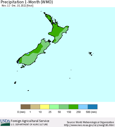 New Zealand Precipitation 1-Month (WMO) Thematic Map For 11/11/2022 - 12/10/2022
