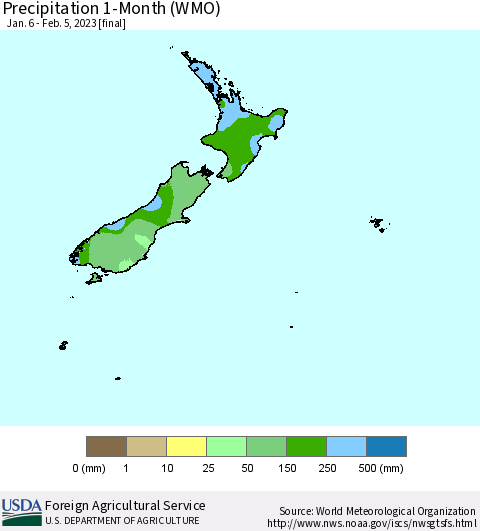 New Zealand Precipitation 1-Month (WMO) Thematic Map For 1/6/2023 - 2/5/2023