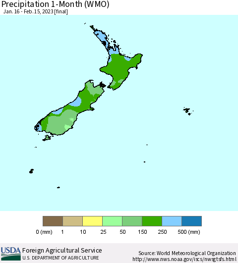 New Zealand Precipitation 1-Month (WMO) Thematic Map For 1/16/2023 - 2/15/2023