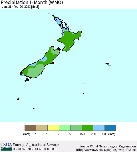 New Zealand Precipitation 1-Month (WMO) Thematic Map For 1/21/2023 - 2/20/2023