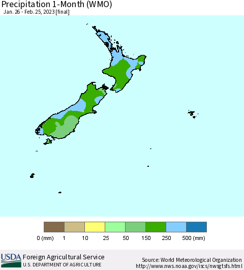 New Zealand Precipitation 1-Month (WMO) Thematic Map For 1/26/2023 - 2/25/2023