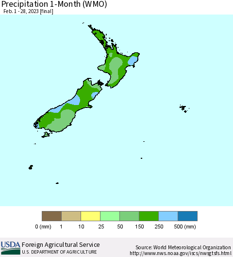 New Zealand Precipitation 1-Month (WMO) Thematic Map For 2/1/2023 - 2/28/2023