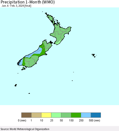 New Zealand Precipitation 1-Month (WMO) Thematic Map For 1/6/2024 - 2/5/2024