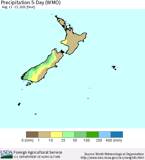 New Zealand Precipitation 5-Day (WMO) Thematic Map For 8/11/2021 - 8/15/2021
