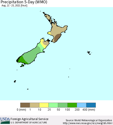 New Zealand Precipitation 5-Day (WMO) Thematic Map For 8/21/2021 - 8/25/2021