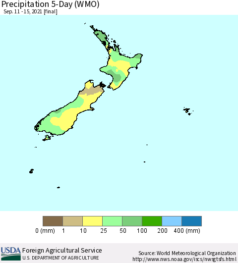 New Zealand Precipitation 5-Day (WMO) Thematic Map For 9/11/2021 - 9/15/2021
