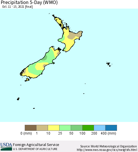 New Zealand Precipitation 5-Day (WMO) Thematic Map For 10/11/2021 - 10/15/2021