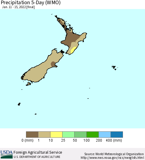 New Zealand Precipitation 5-Day (WMO) Thematic Map For 1/11/2022 - 1/15/2022